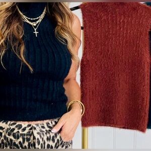 Cozy Ribbed Fuzzy Sleeveless Sweater Tank - Black